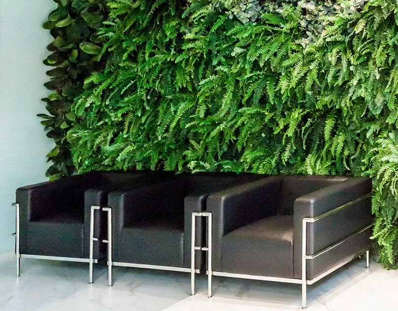 Recepção com parede verde e poltronas de couro preto
